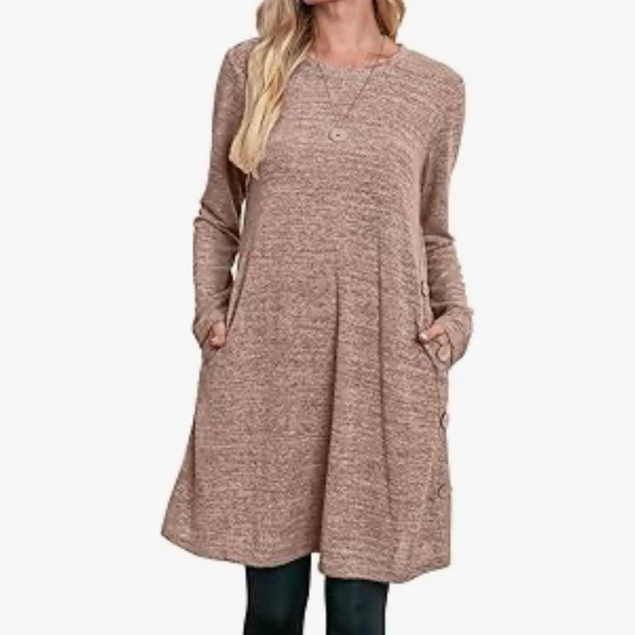 OFEEFAN Winter Dress for Women Long Sleeve Dress Buttons Side Khaki - Picture 3 of 9